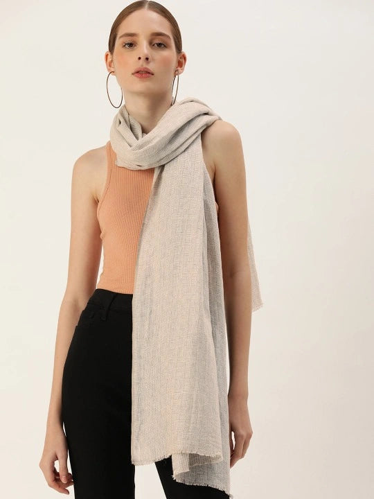 Women's White & Brown Small Checks Cotton Scarf with Frayed Edges