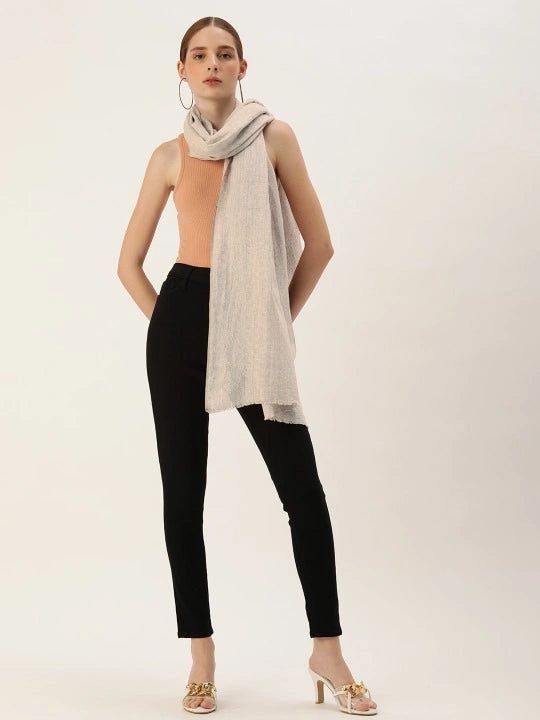 Women's White & Brown Small Checks Cotton Scarf with Frayed Edges