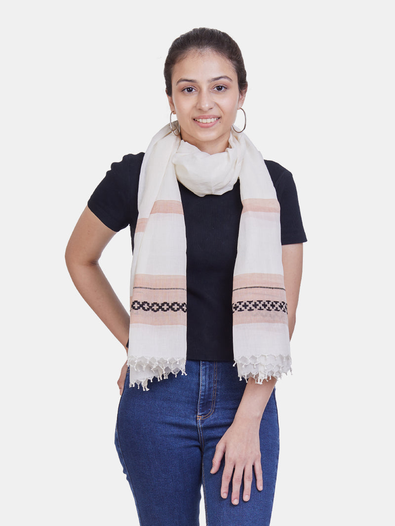 White & Peach Cotton Scarf with Jamdani Weave