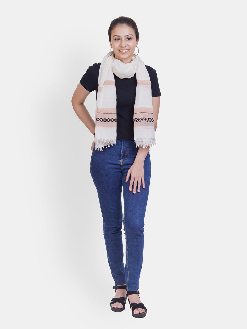 White & Peach Cotton Scarf with Jamdani Weave
