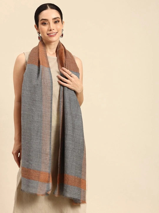 Wool & Silk Grey Scarf with Orange Border and Selvedge, Elegant Winter Accessory for Women