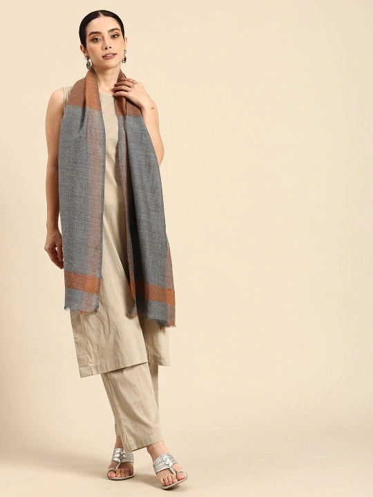 Wool & Silk Grey Scarf with Orange Border and Selvedge, Elegant Winter Accessory for Women
