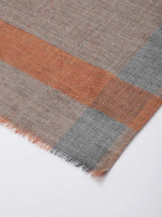 Wool & Silk Grey Scarf with Orange Border and Selvedge, Elegant Winter Accessory for Women