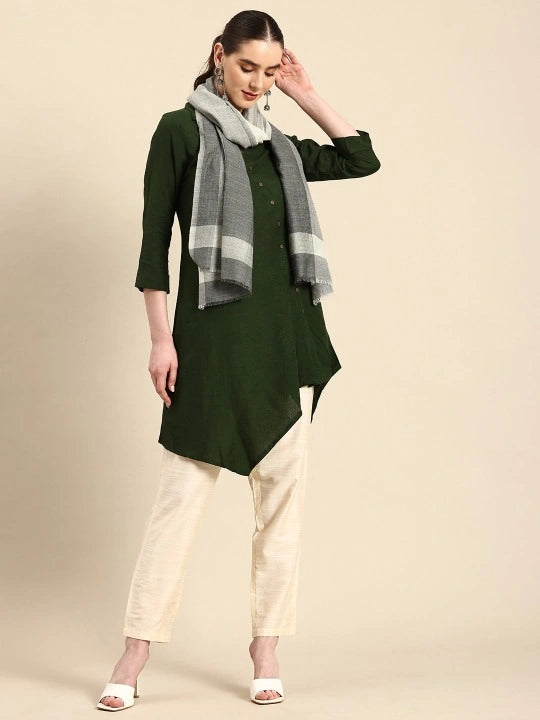 Wool & Silk Grey Scarf with White Block Checks