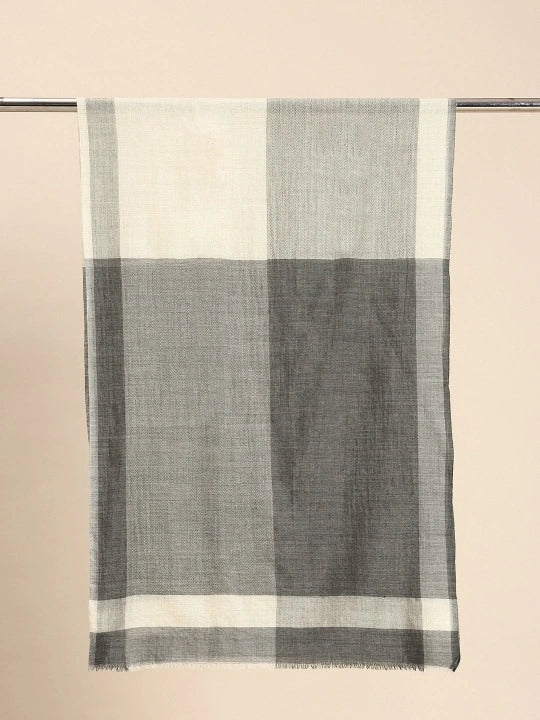 Wool & Silk Grey Scarf with White Block Checks