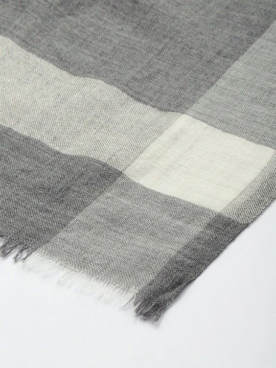 Wool & Silk Grey Scarf with White Block Checks
