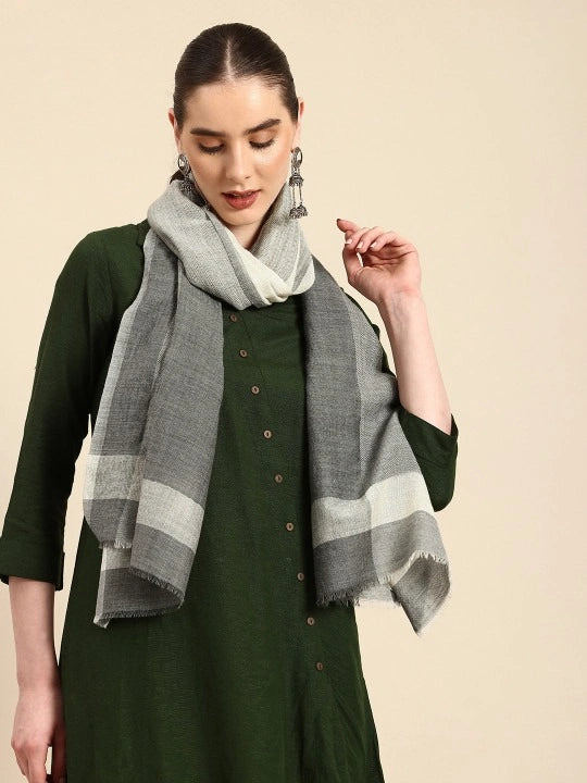 Wool & Silk Grey Scarf with White Block Checks