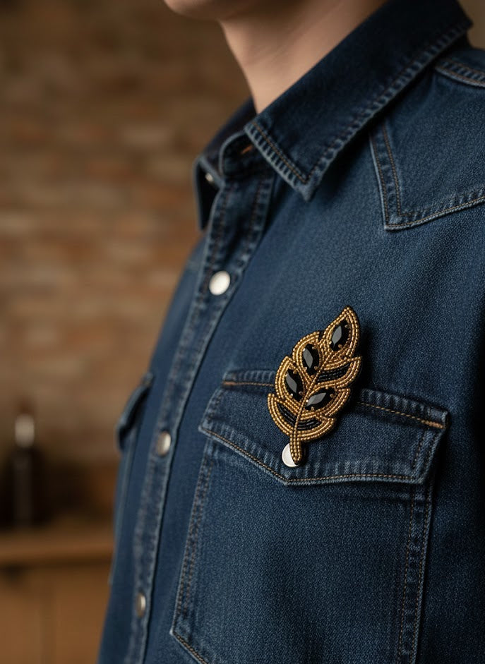 Hand-Embroidered Leaf Brooch