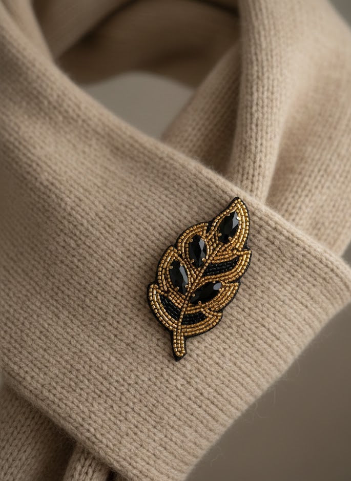 Hand-Embroidered Leaf Brooch