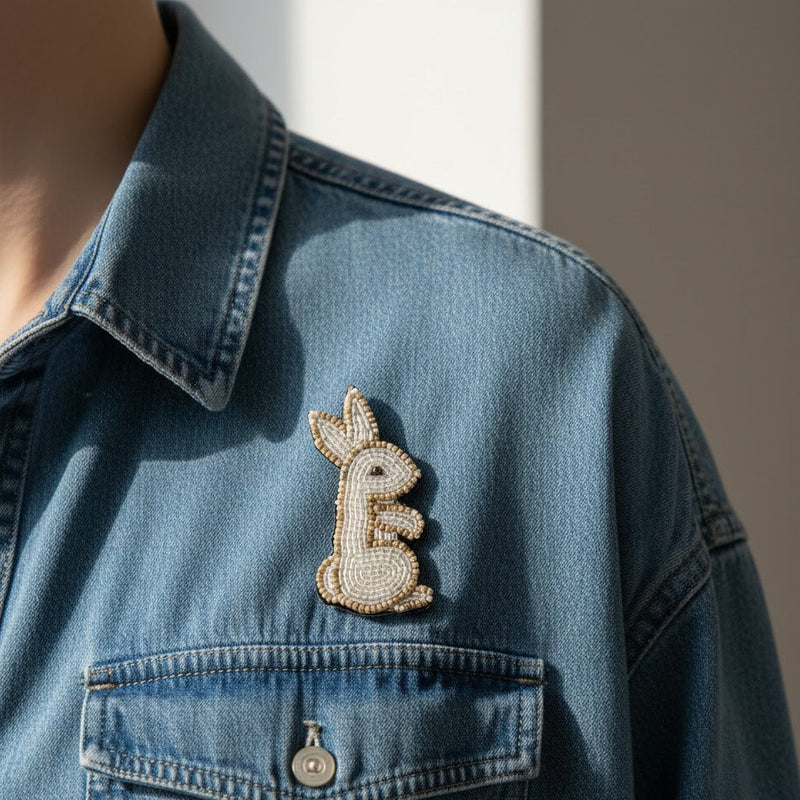Hand-Embroidered Rabbit Brooch