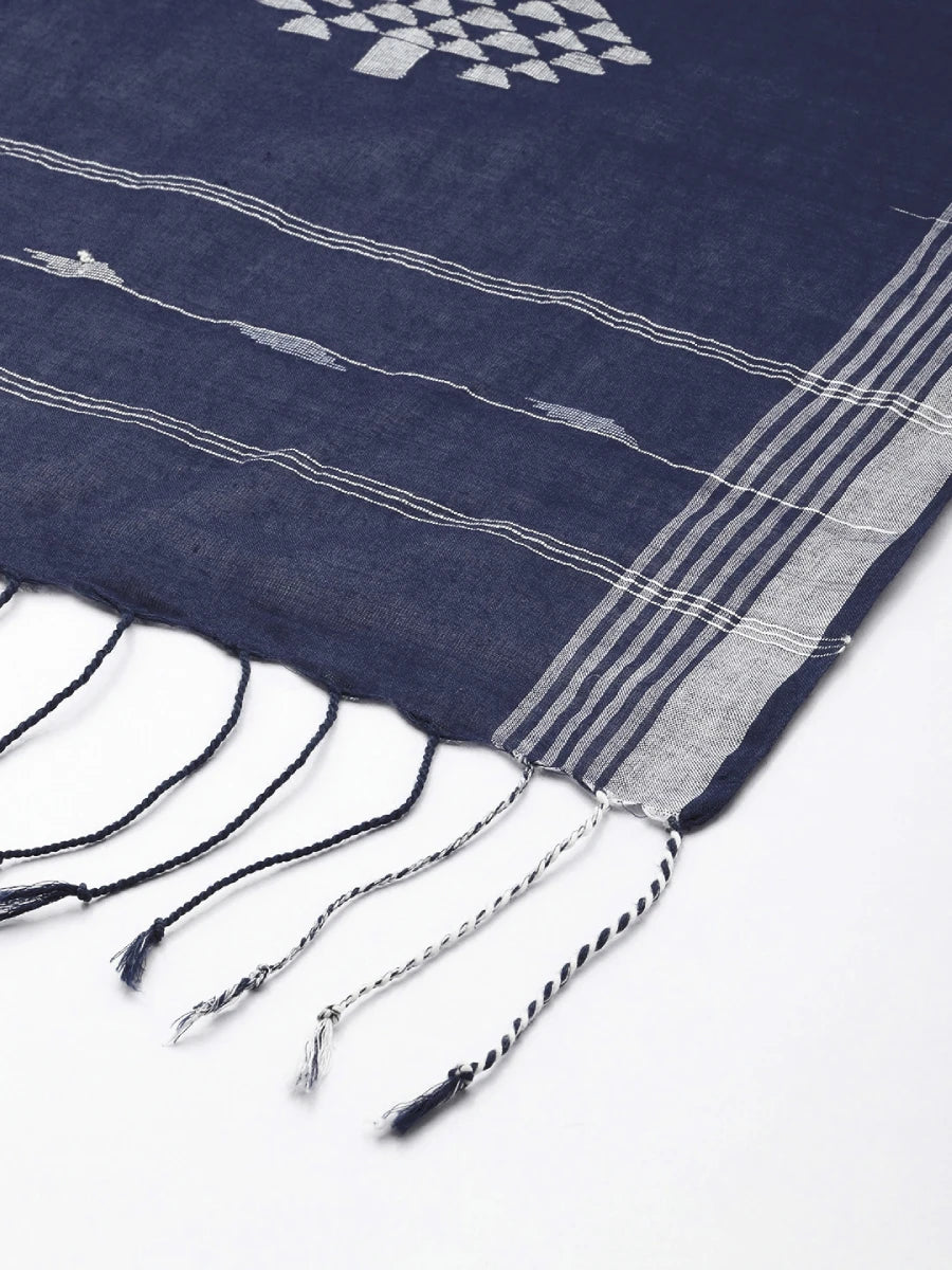 Handwoven Blue Cotton Scarf with Jamdani Woven