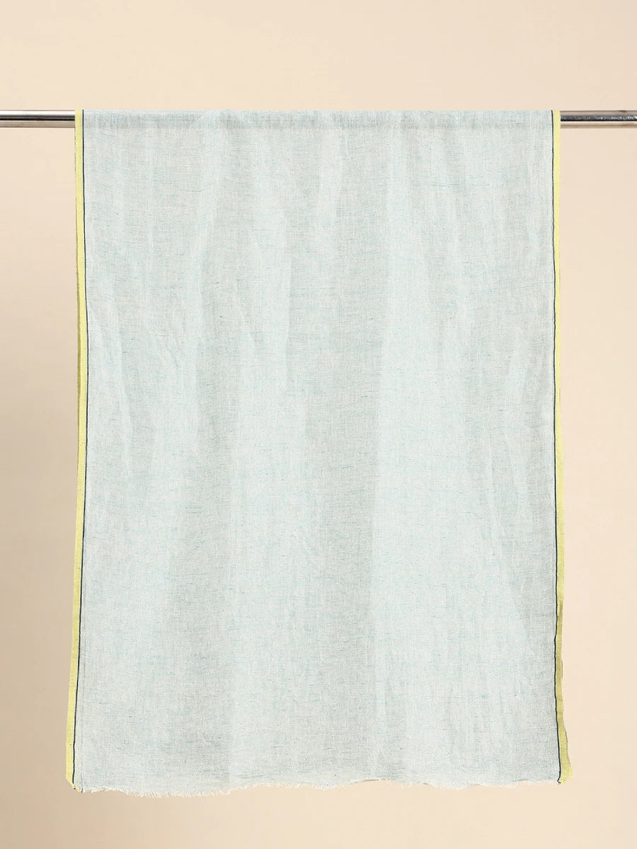 Handwoven Blue Linen Scarf with Yellow border
