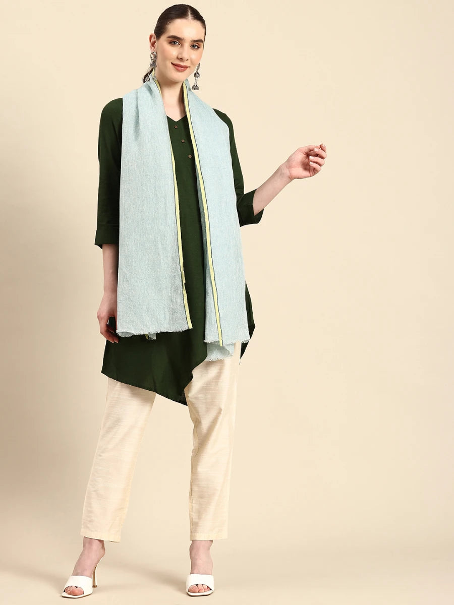 Handwoven Blue Linen Scarf with Yellow border