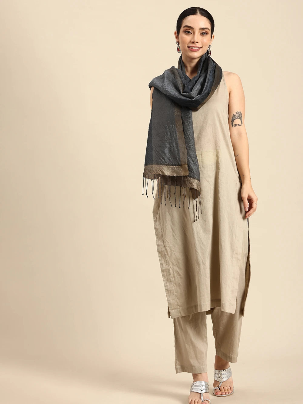 Handwoven Grey Silk Scarf with Dark Border Black & Brown Stripe and Self Tassels