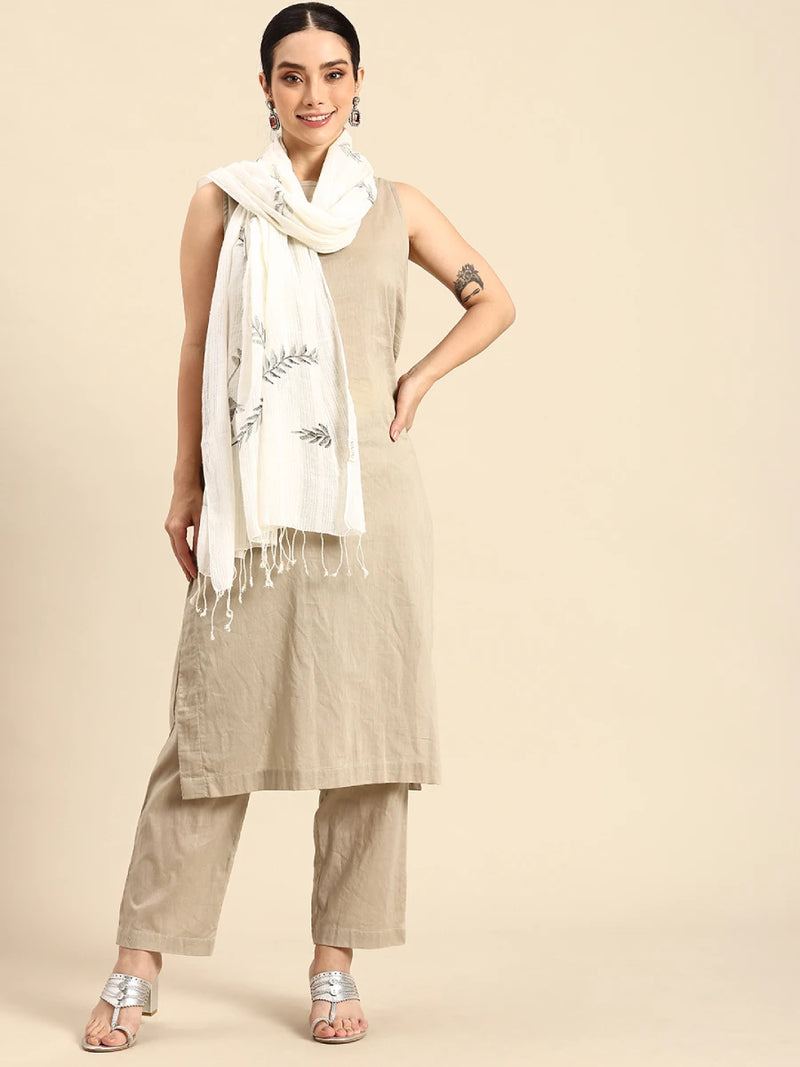 Handwoven Off-White Cotton Scarf With Hand Painted Florals
