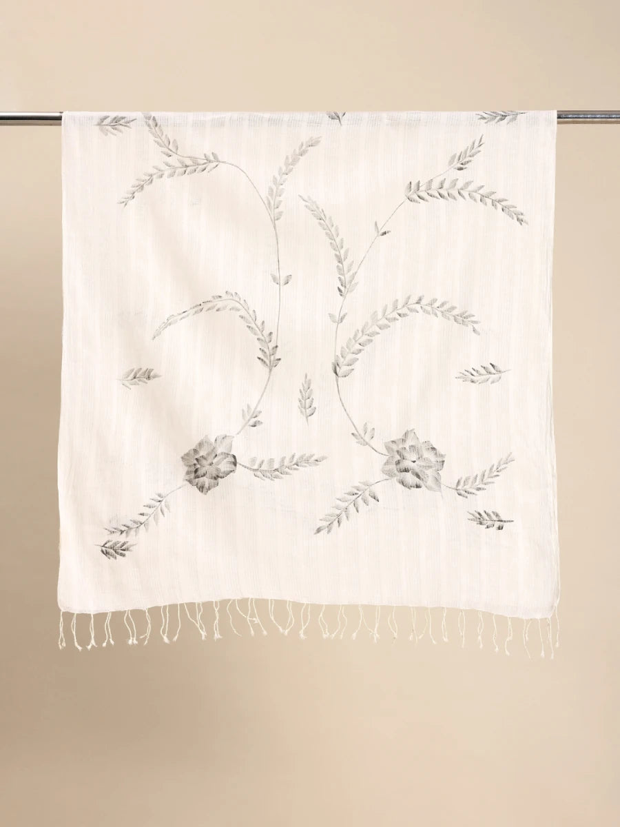 Handwoven Off-White Cotton With Jamdani Work All Over In Blue & Blue Selvedge