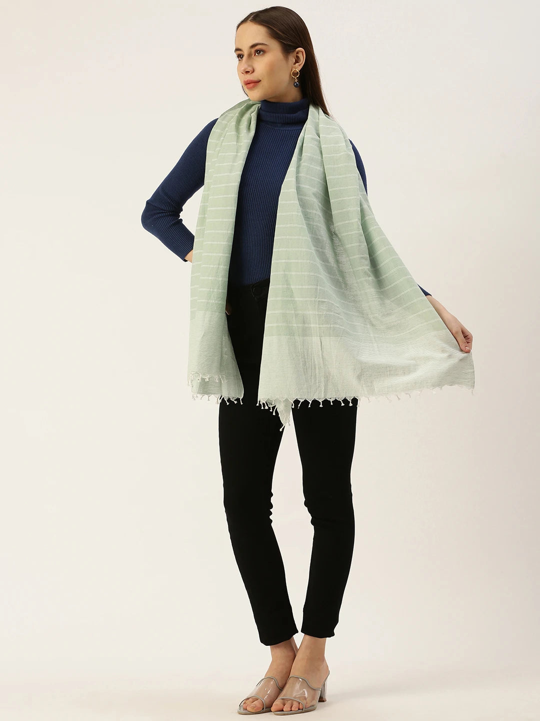 ASVA Handwoven Pastel Green Pure Cotton Scarf With White Stripes