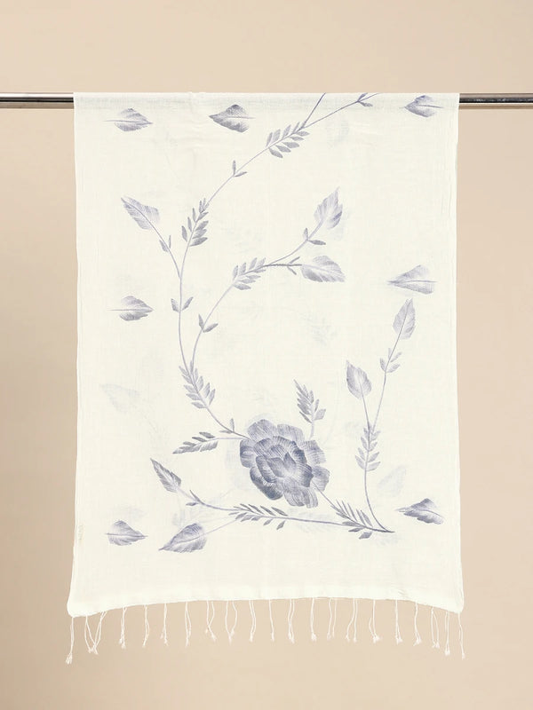 Handwoven White Cotton Scarf with Blue Hand-Painted Design