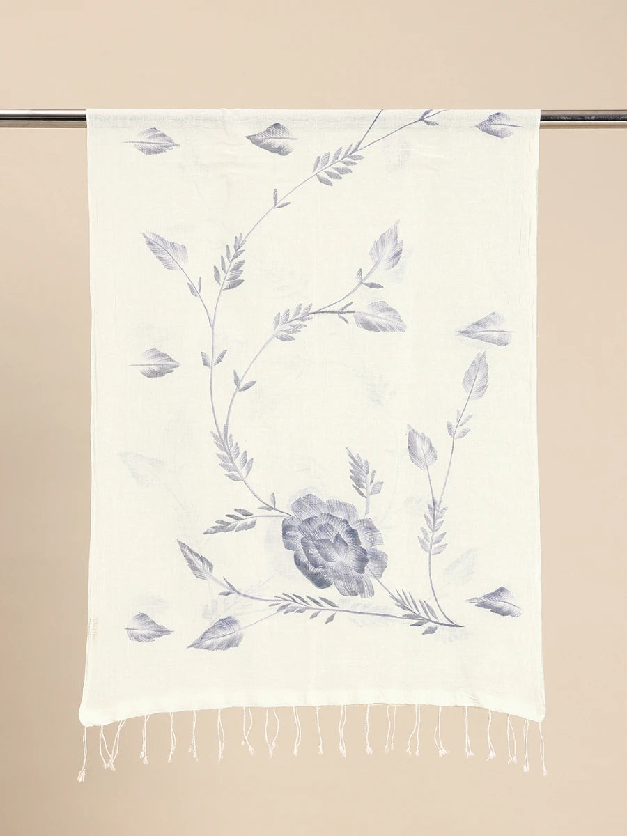 Handwoven White Cotton Scarf with Blue Hand-Painted Design