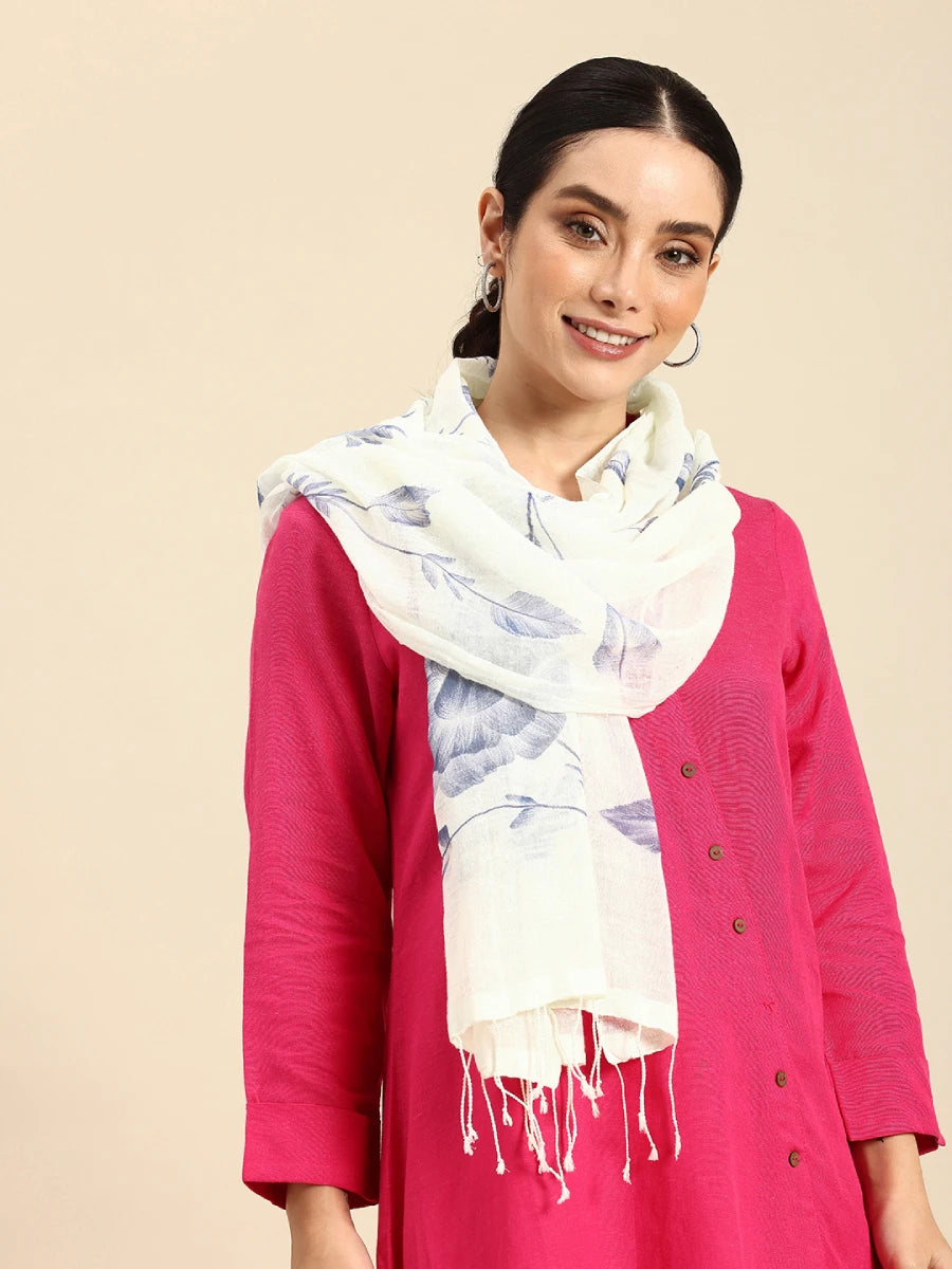 Handwoven White Cotton Scarf with Blue Hand-Painted Design