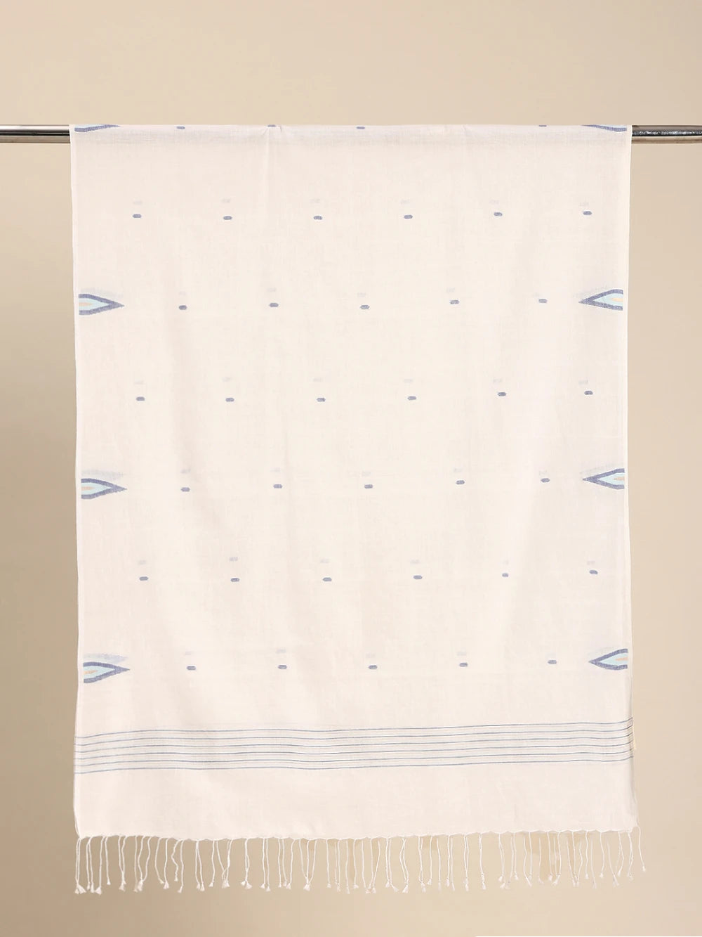 Handwoven White Organic Cotton Scarf with Blue and Gold Jamdani Woven