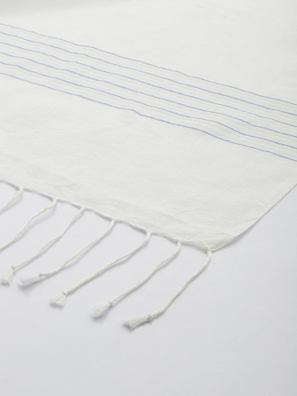 Handwoven White Organic Cotton Scarf with Blue and Gold Jamdani Woven