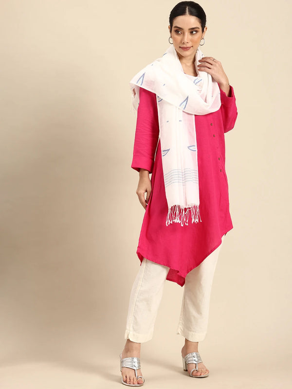 Handwoven White Organic Cotton Scarf with Blue and Gold Jamdani Woven