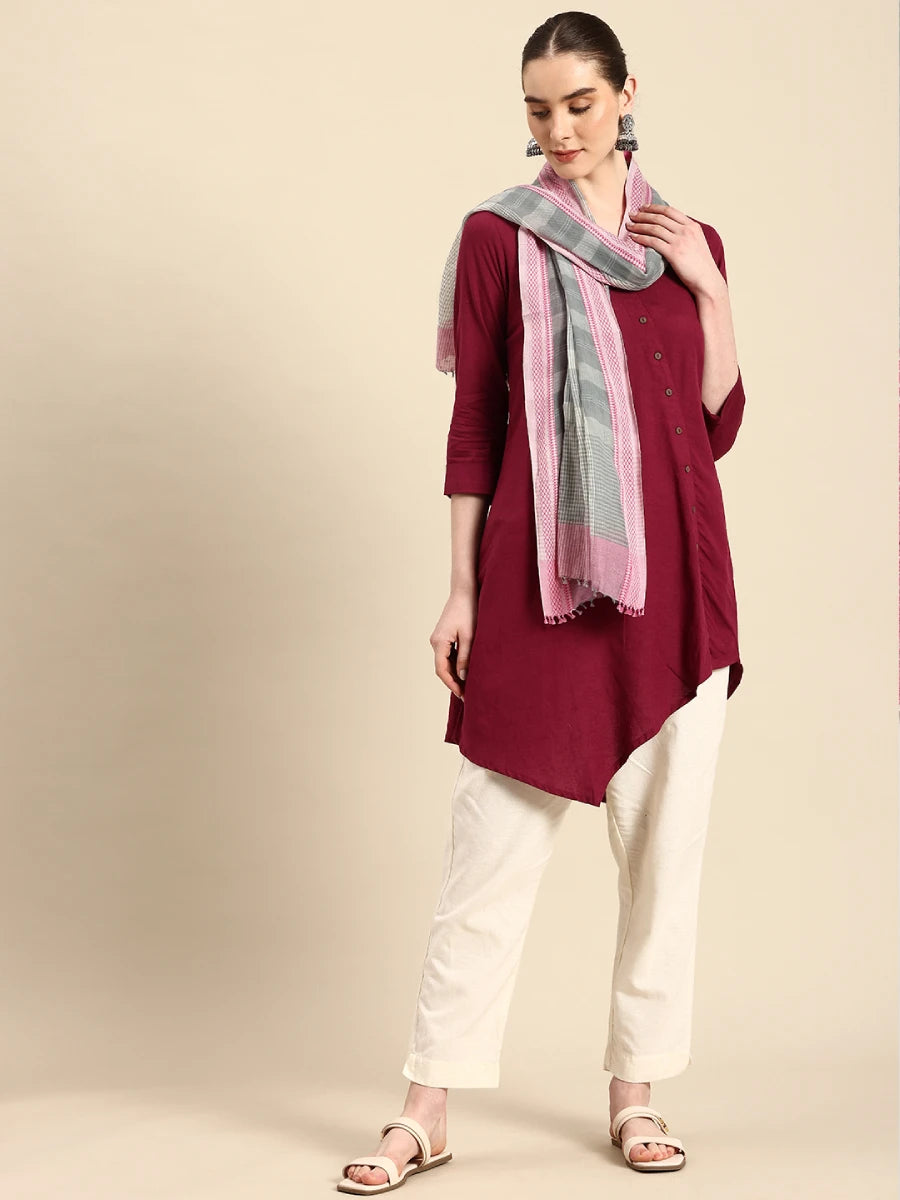 Handwoven White and Grey Checked Cotton Scarf with Pink Jacquard Selvedge