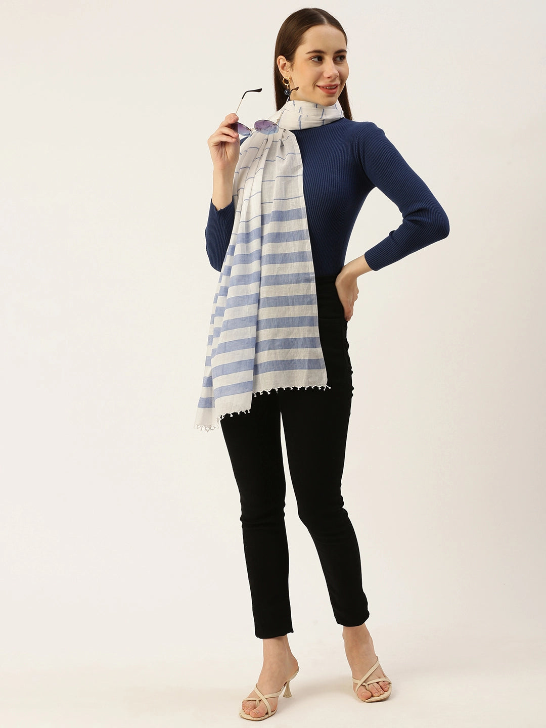 ASVA Women's White Pure Cotton Scarf with Blue Stripes All Over