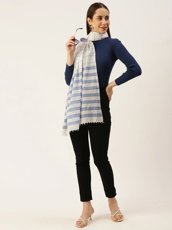 Women's White Pure Cotton Scarf with Blue Stripes All Over