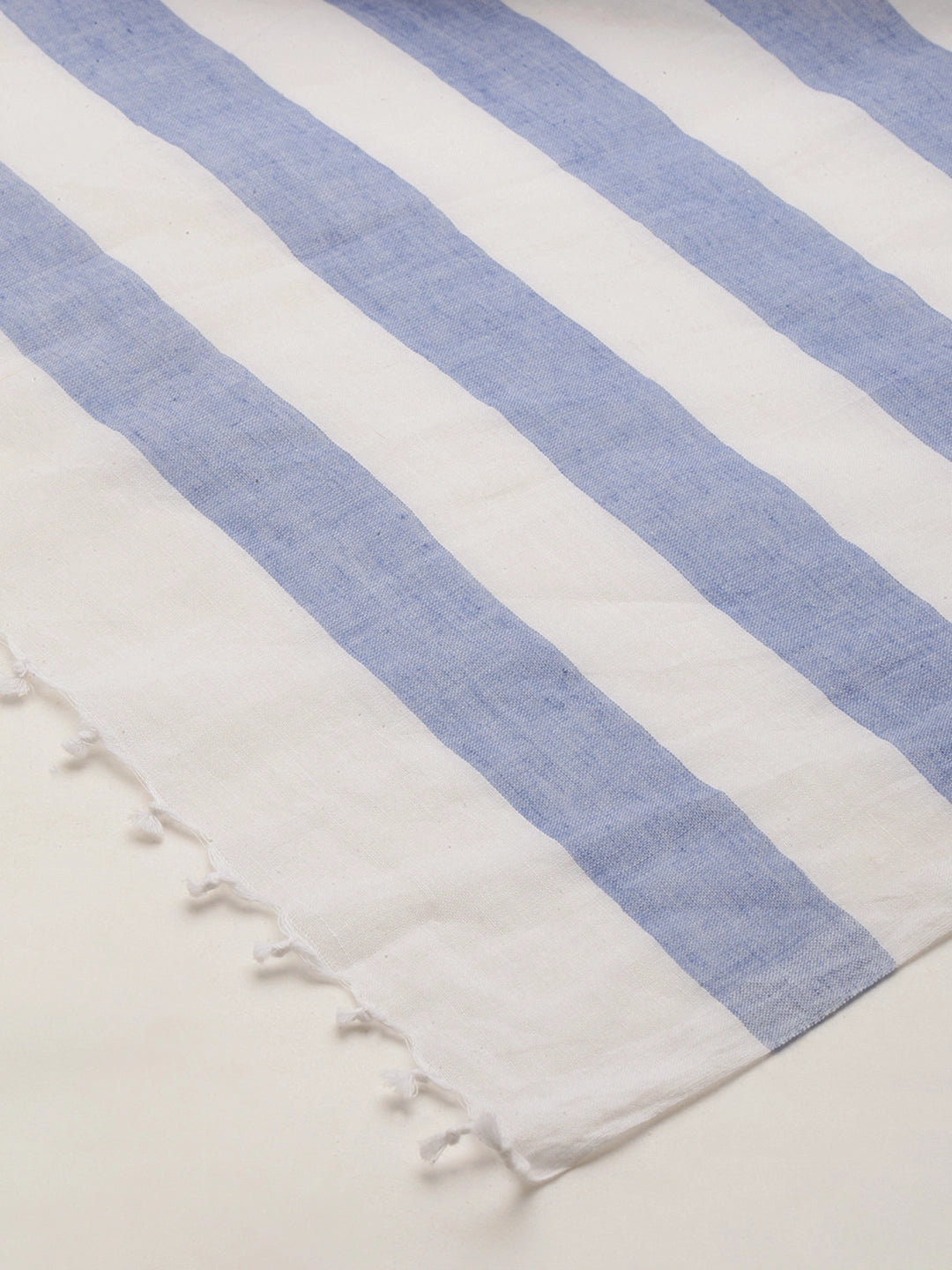 ASVA Women's White Pure Cotton Scarf with Blue Stripes All Over
