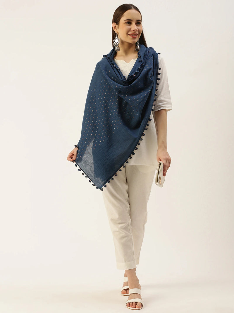Handwoven Cotton Scarf with Zari Jamdani Motifs and Tassels