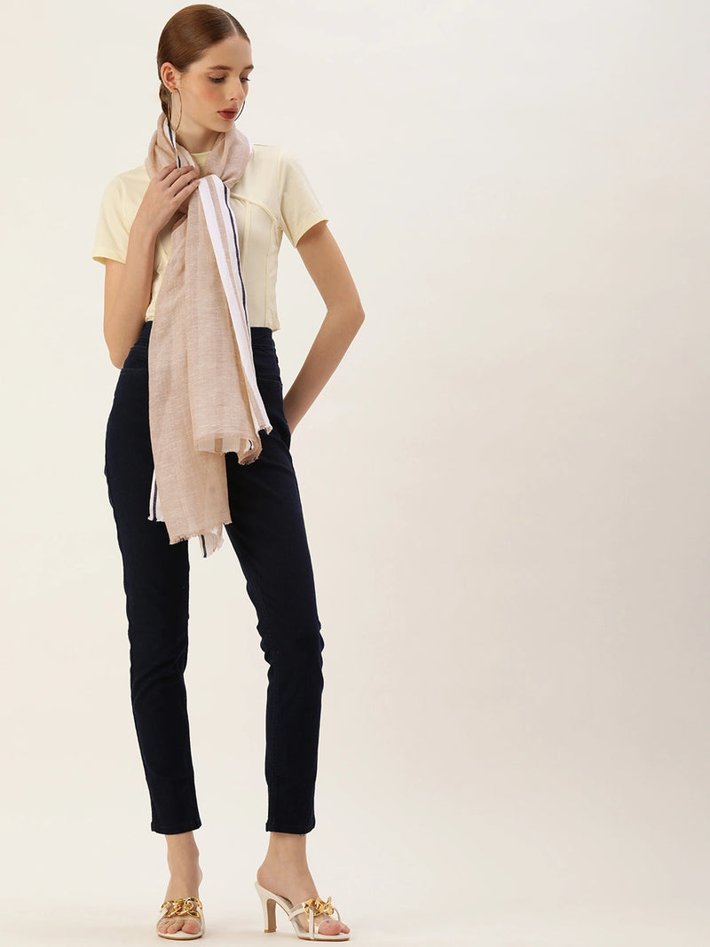 Cotton Linen Beige Scarf with White Stripes and Blue Selvedge