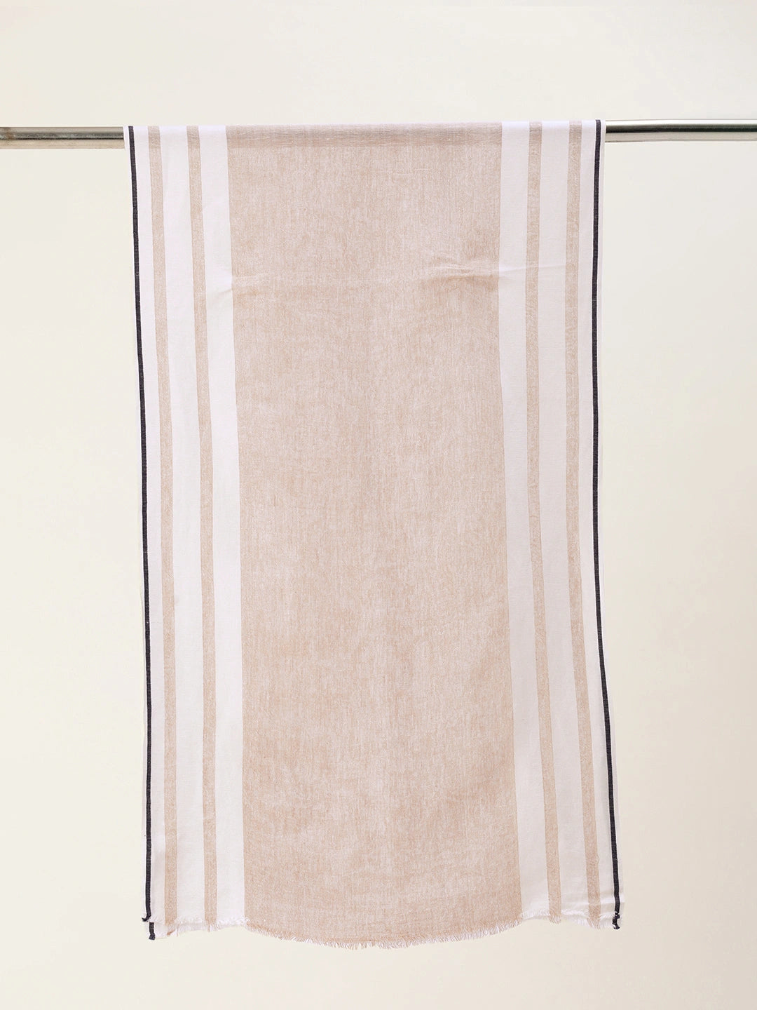 ASVA Cotton Linen Scarf: Beige with White Stripes and Blue Selvedge