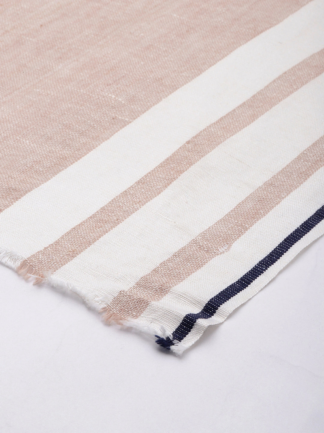 ASVA Cotton Linen Scarf: Beige with White Stripes and Blue Selvedge