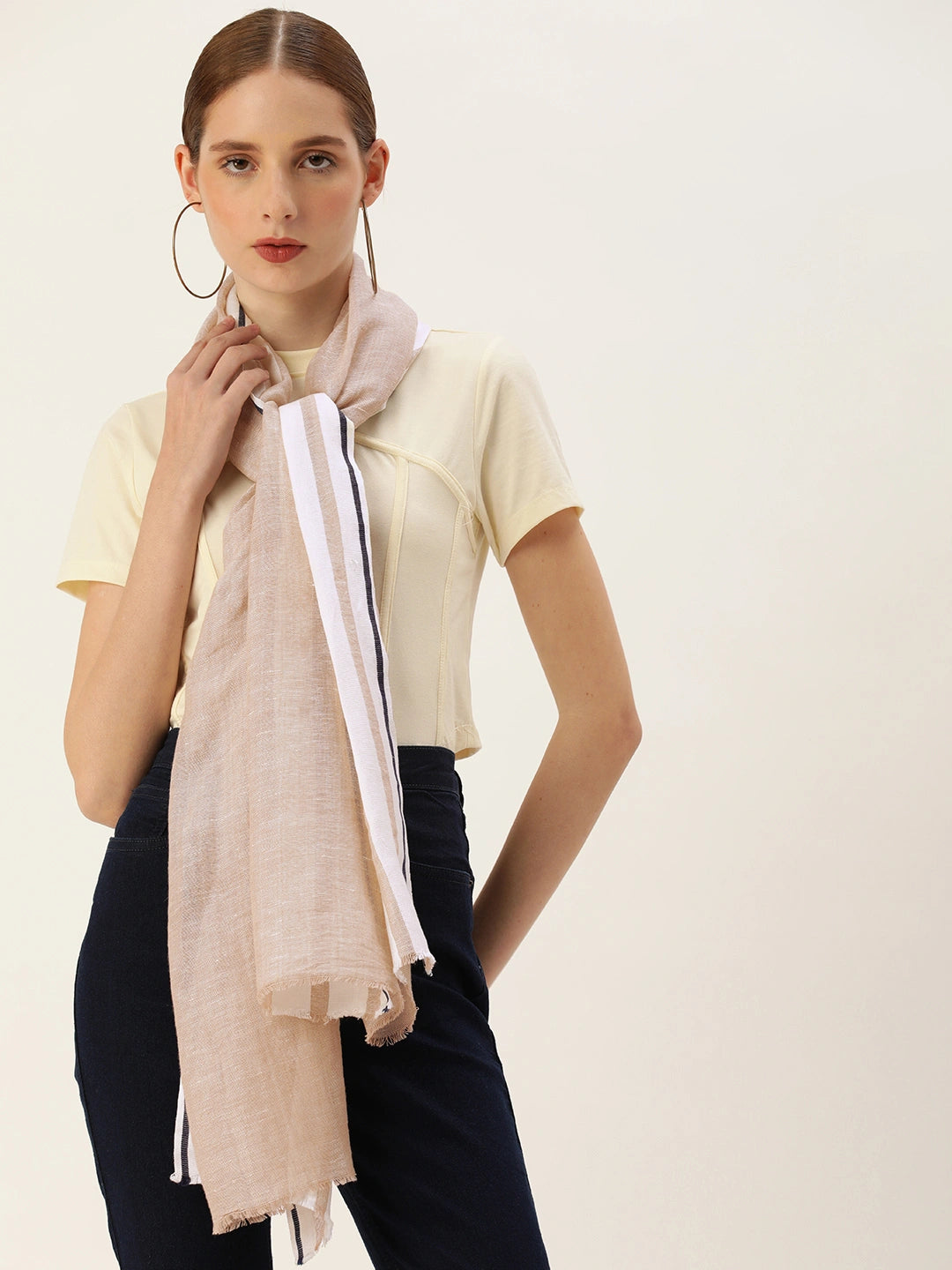 ASVA Cotton Linen Scarf: Beige with White Stripes and Blue Selvedge