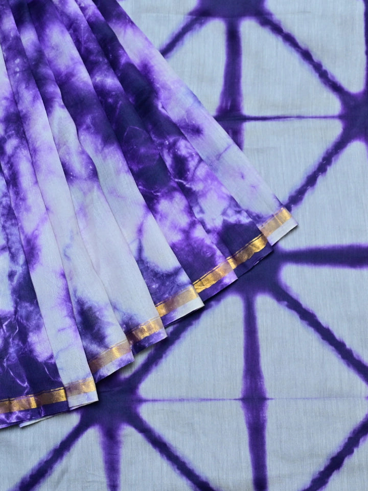 Handcrafted Violet Shibori Dyed Chanderi Silk Saree with Gold Zari Border