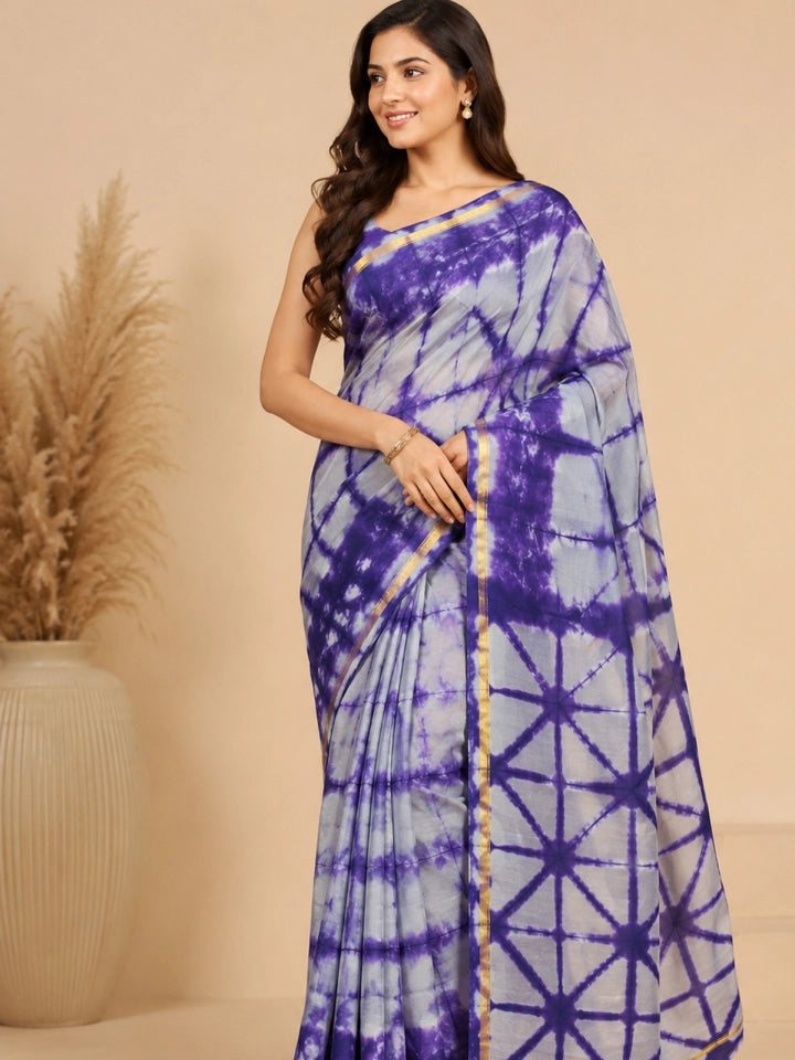 Handcrafted Violet Shibori Dyed Chanderi Silk Saree with Gold Zari Border