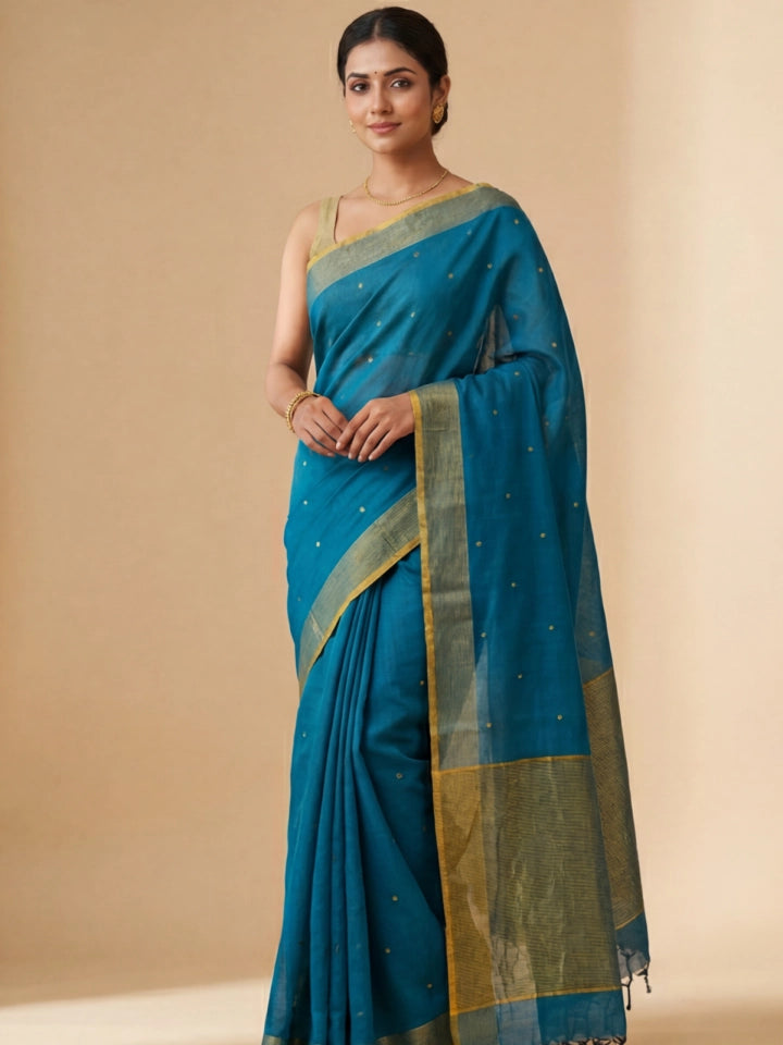 Handwoven Peacock Green Cotton Silk Saree with Golden Buttas & Striped Pallu