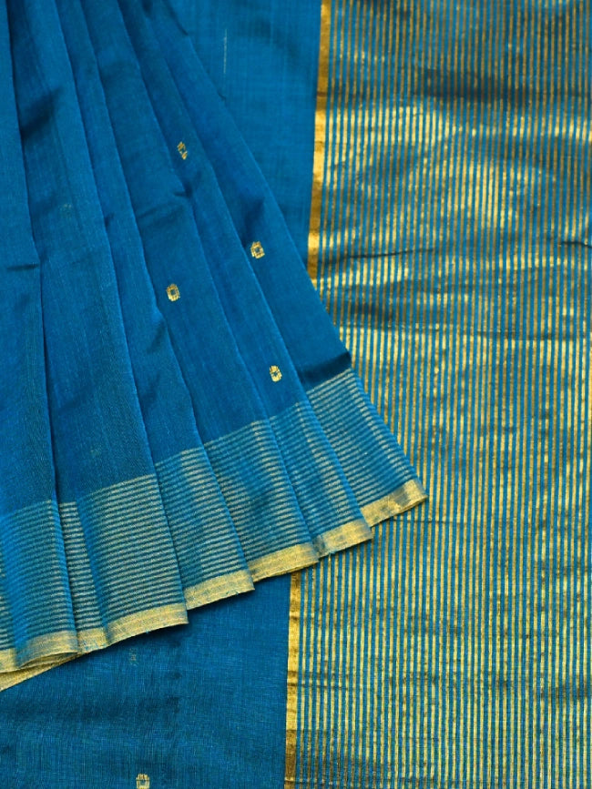 Handwoven Peacock Green Cotton Silk Saree with Golden Buttas & Striped Pallu