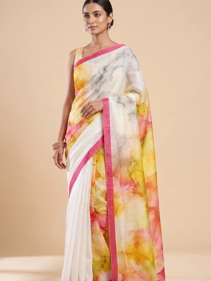 Handwoven Off White Matka Silk Saree with Multicolour Digital Print