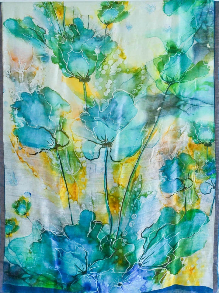 Handwoven Off White Matka Silk Saree with Aqua Floral Digital Print & Silver Border