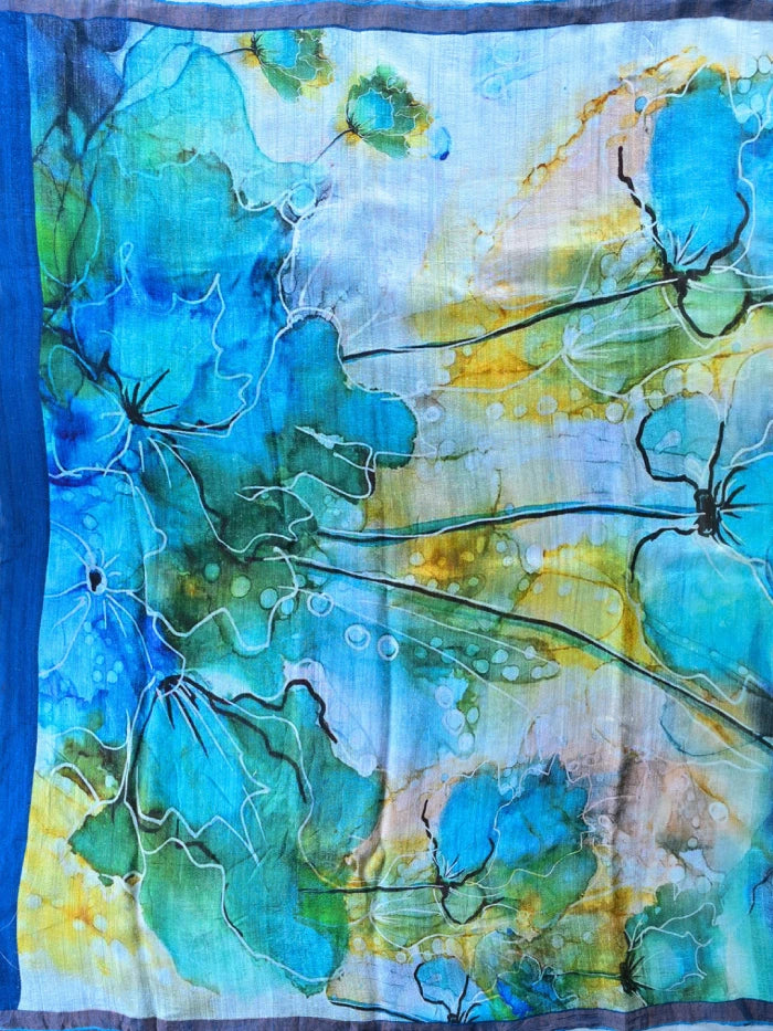 Handwoven Off White Matka Silk Saree with Aqua Floral Digital Print & Silver Border