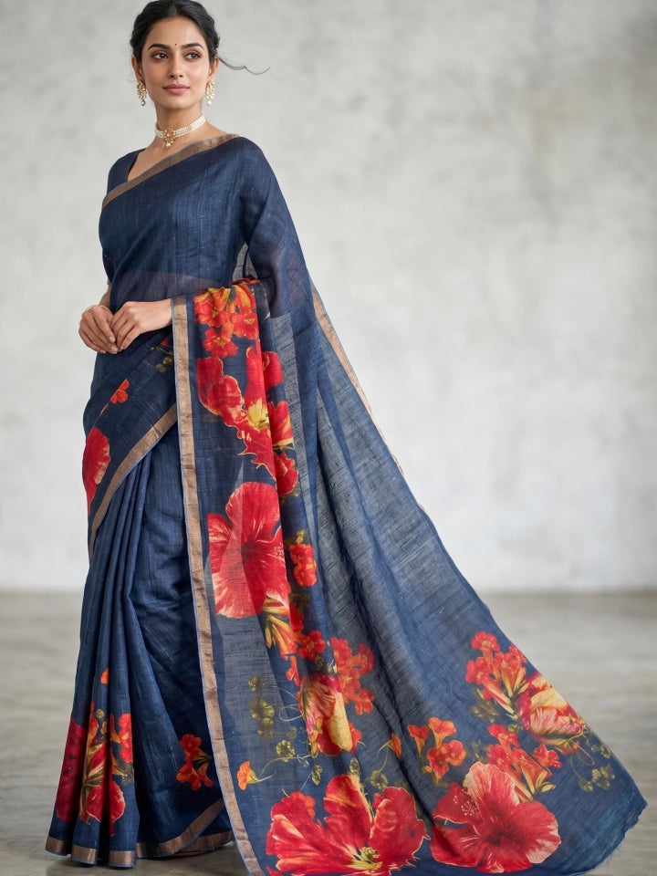 Handwoven Black Matka Silk Saree with Floral Digital Print Design