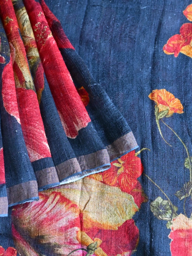 Handwoven Black Matka Silk Saree with Floral Digital Print Design