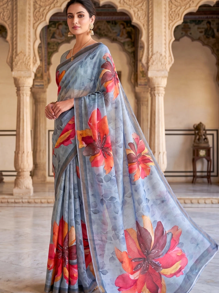 Handwoven Light Grey Matka Silk Saree with Floral Digital Print