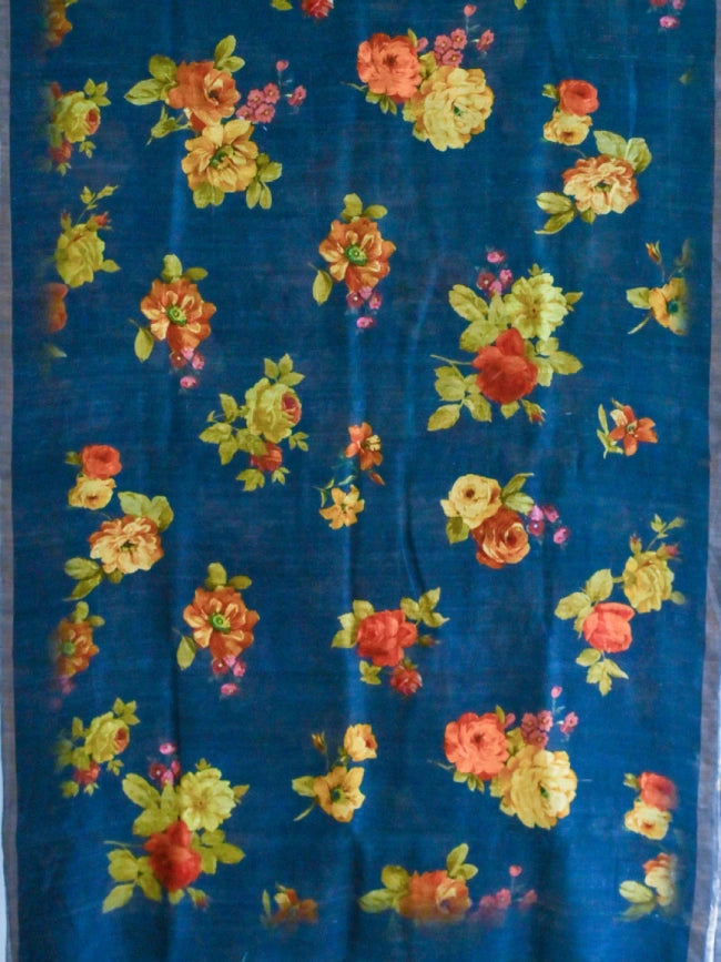 Handwoven Navy Matka Silk Saree with Floral Digital Print Design