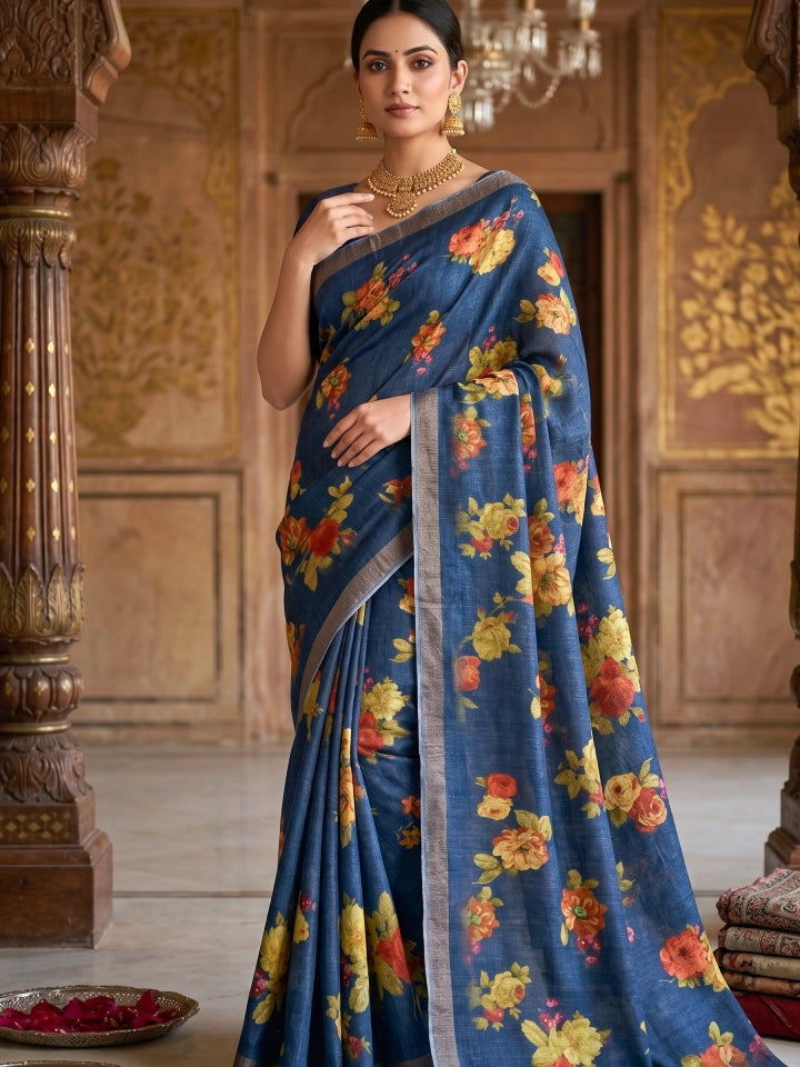 Handwoven Navy Matka Silk Saree with Floral Digital Print Design