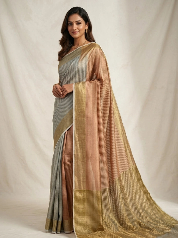 Handwoven Gold Tissue Silk Saree with Copper Striped Pallu