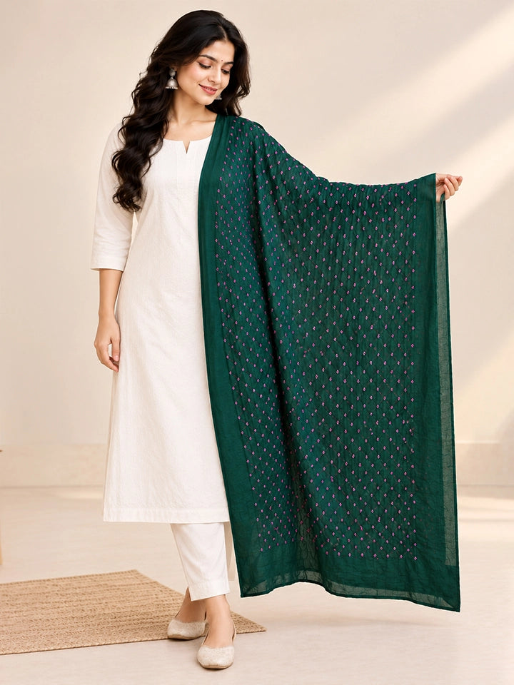 Hand-Dyed Emerald Green Silk Dupatta with Pink Bandhej